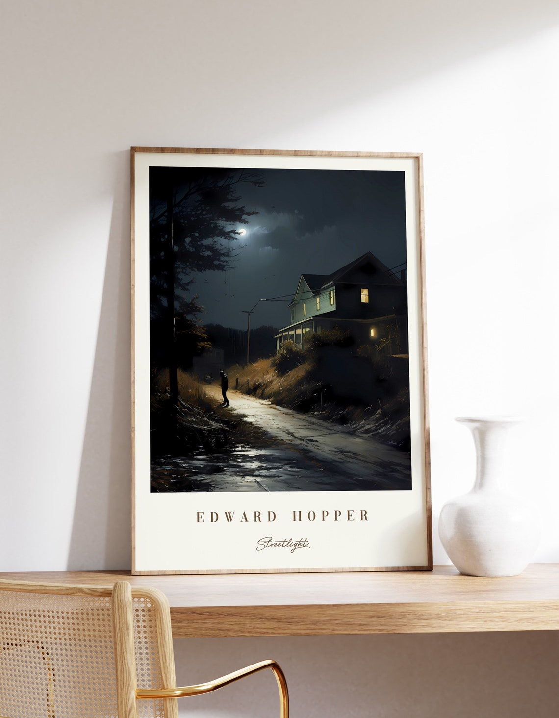 Edward Hopper Inspired Streetlight Night House Moonlit Path Poster