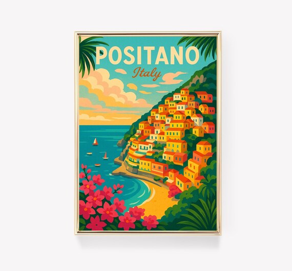 Positano Italy Amalfi Coast Vintage Travel Poster Colorful Hillside