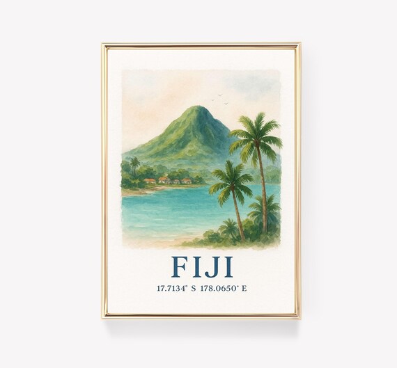 Fiji Island Watercolor Beach Palm Trees Mountain Travel Poster