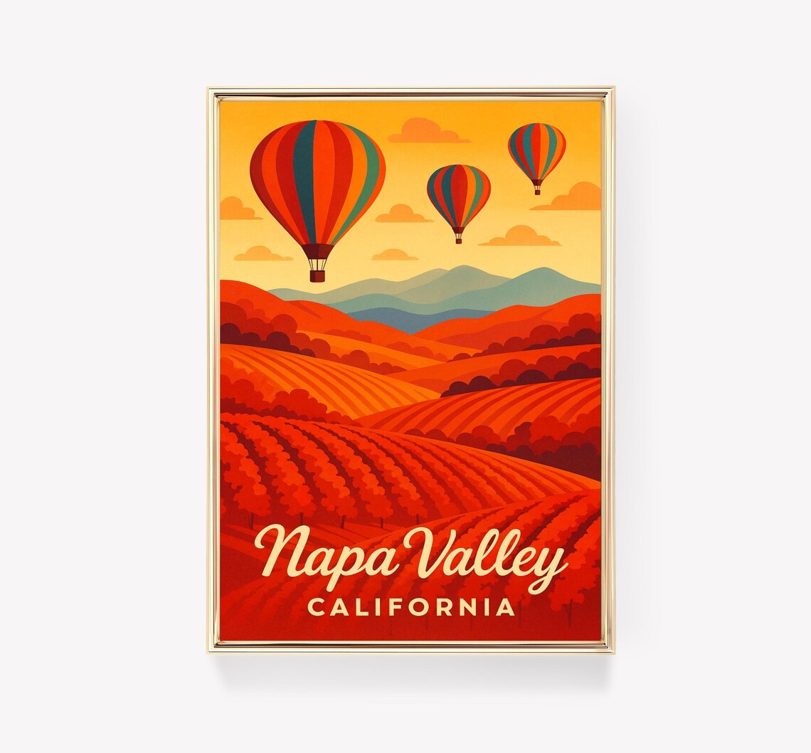 Napa Valley California Vineyard Sunset Hot Air Balloon Travel Poster