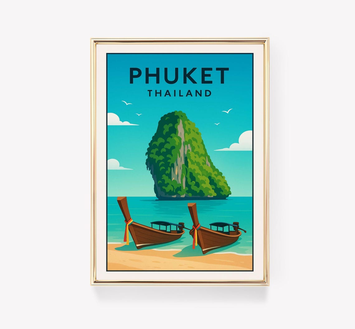 Phuket Thailand Longtail Boats Limestone Island Travel Poster