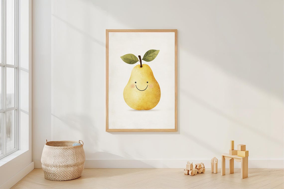 Smiling Pear Watercolor Cute Fruit Minimalist Nursery Poster