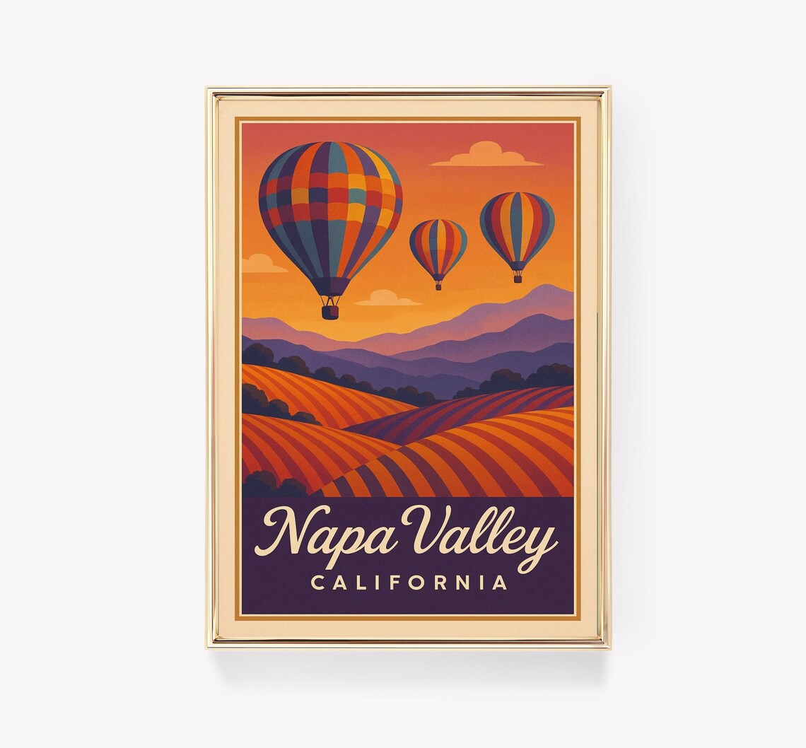 Napa Valley California Hot Air Balloons Sunset Vintage Travel Poster
