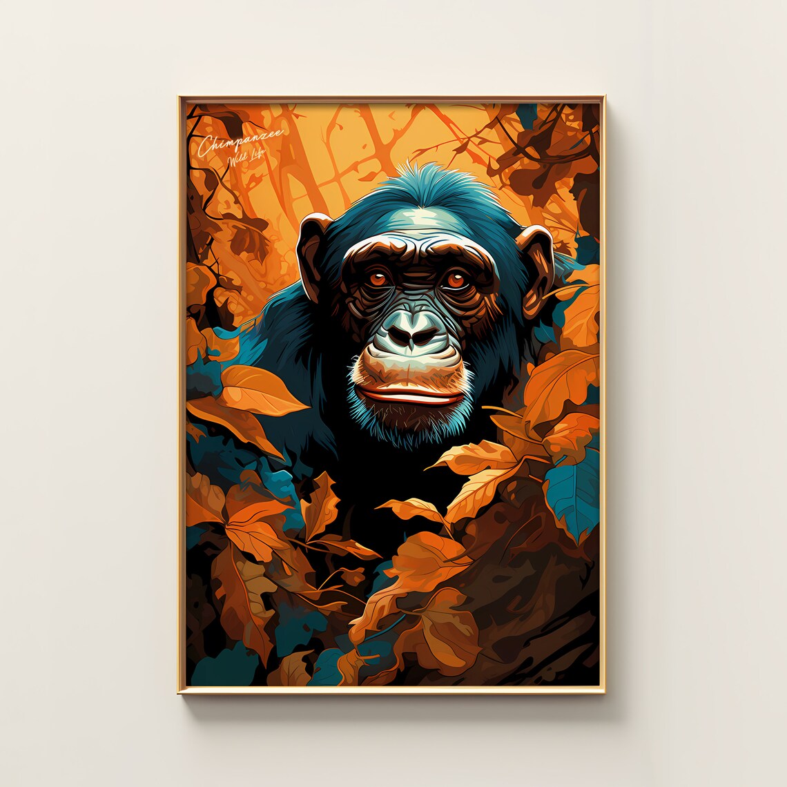 Chimpanzee Wild Life Colorful Jungle Leaf Illustration Poster