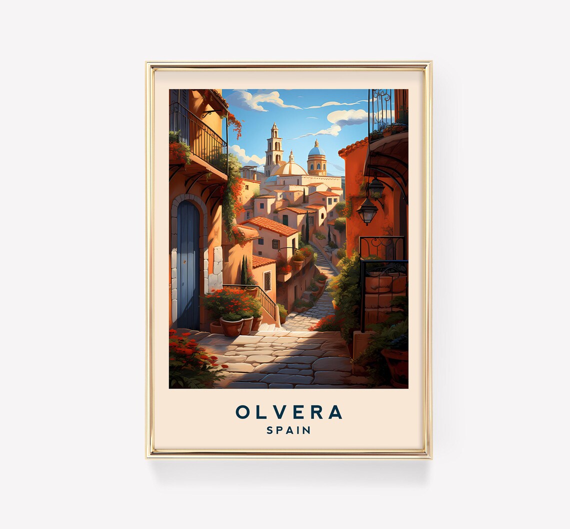 Olvera Spain Travel Poster Andalusian White Village Church Flowers
