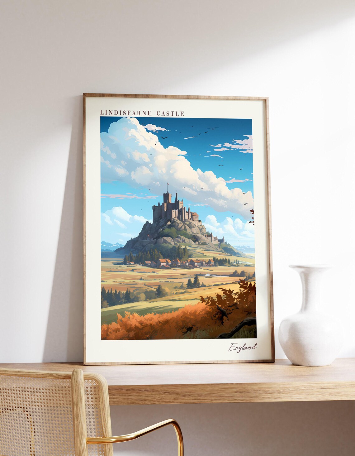 Lindisfarne Castle England Hilltop Fortress Autumn Vintage Travel Poster