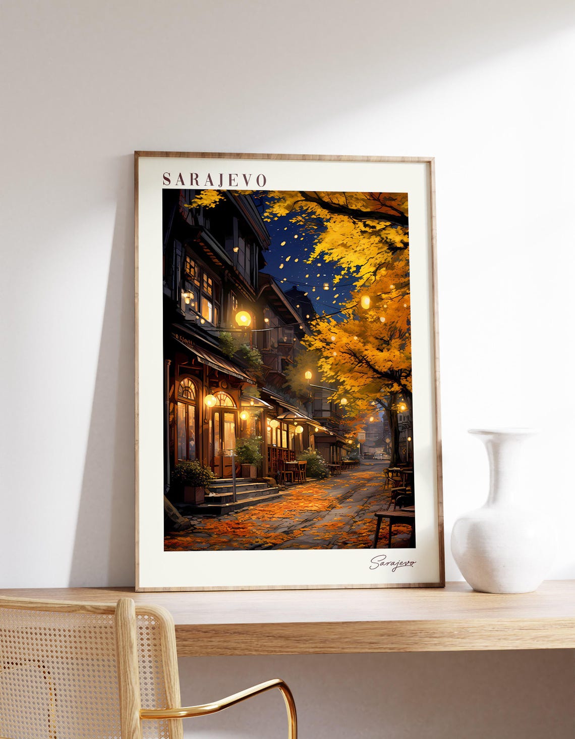 Sarajevo Autumn Old Town Night Street Cafe Glow Travel Poster