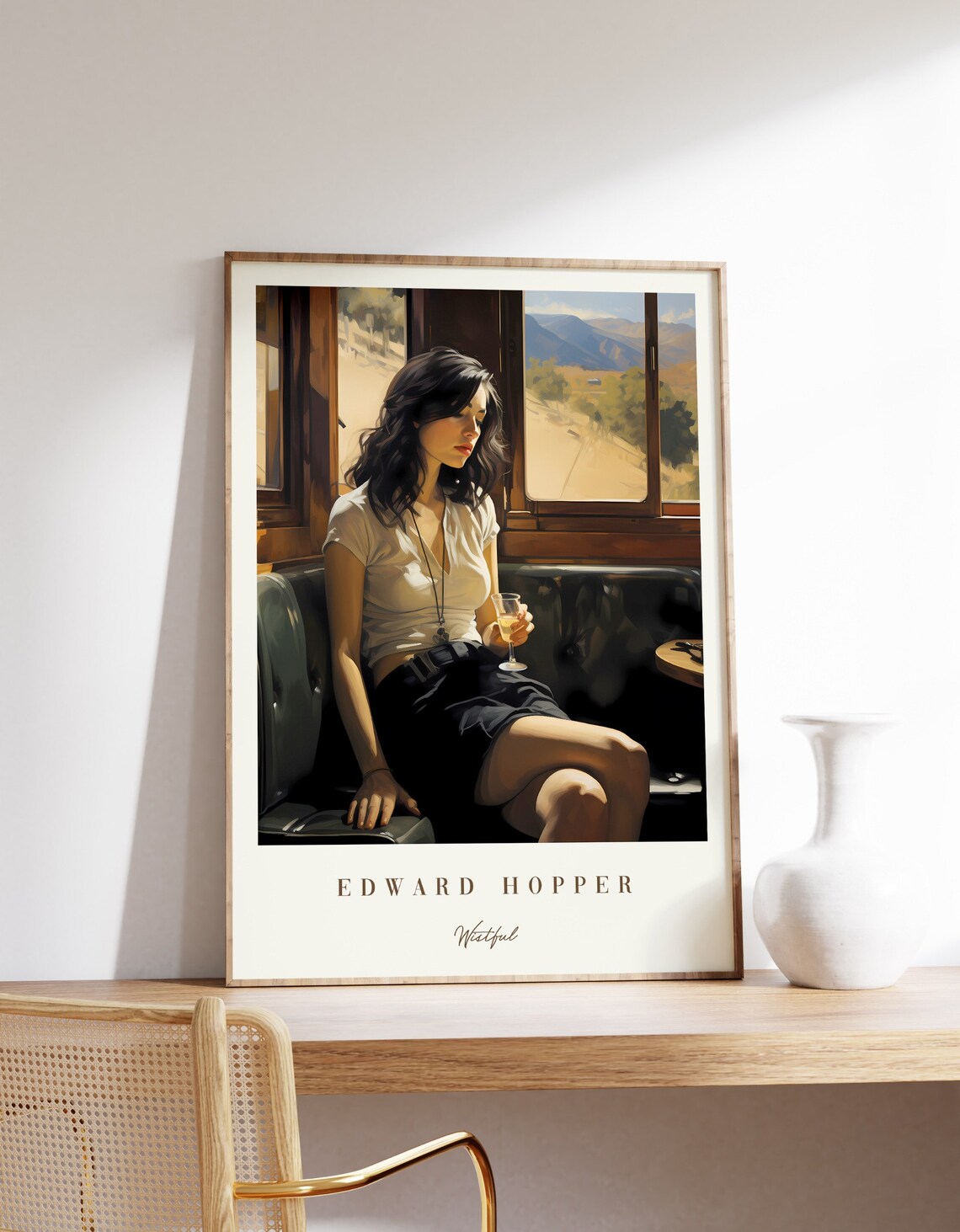 Edward Hopper Wistful Woman Wine Glass Train Mountain View Art Poster