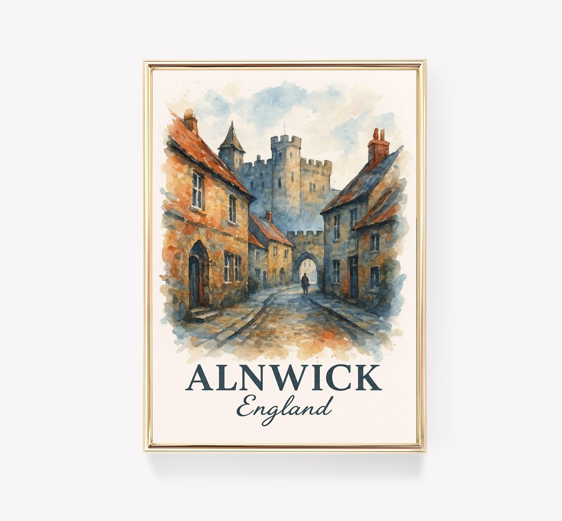 Alnwick England Medieval Castle Street Watercolor Travel Art Poster