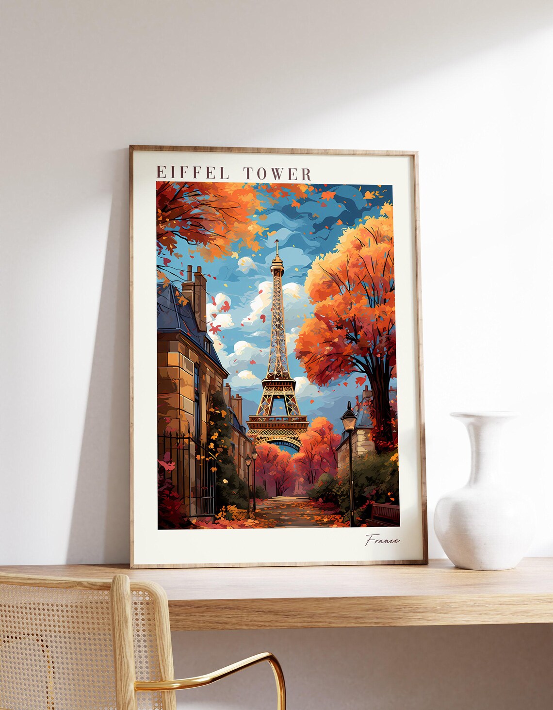 Eiffel Tower Paris France Autumn Street Scene Vintage Travel Poster