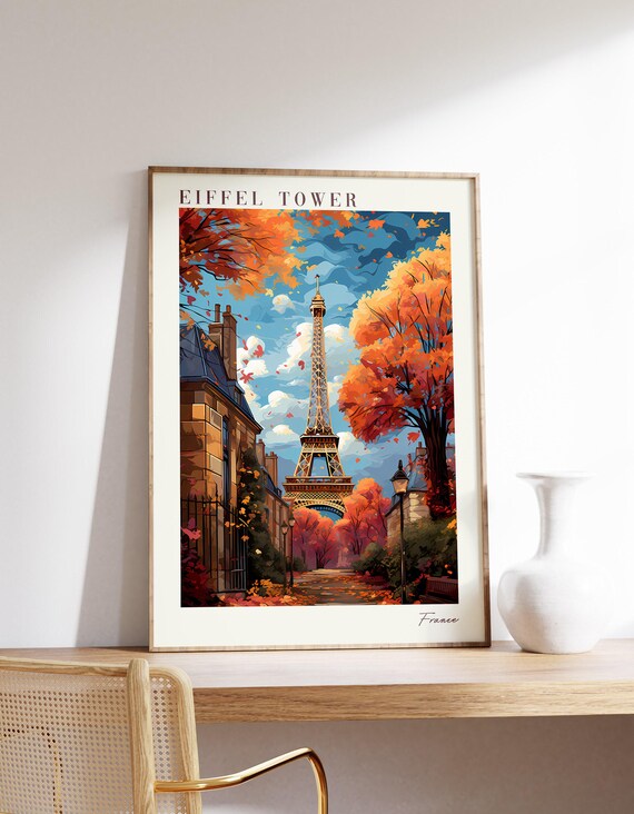 Eiffel Tower Paris France Autumn Street Scene Vintage Travel Poster