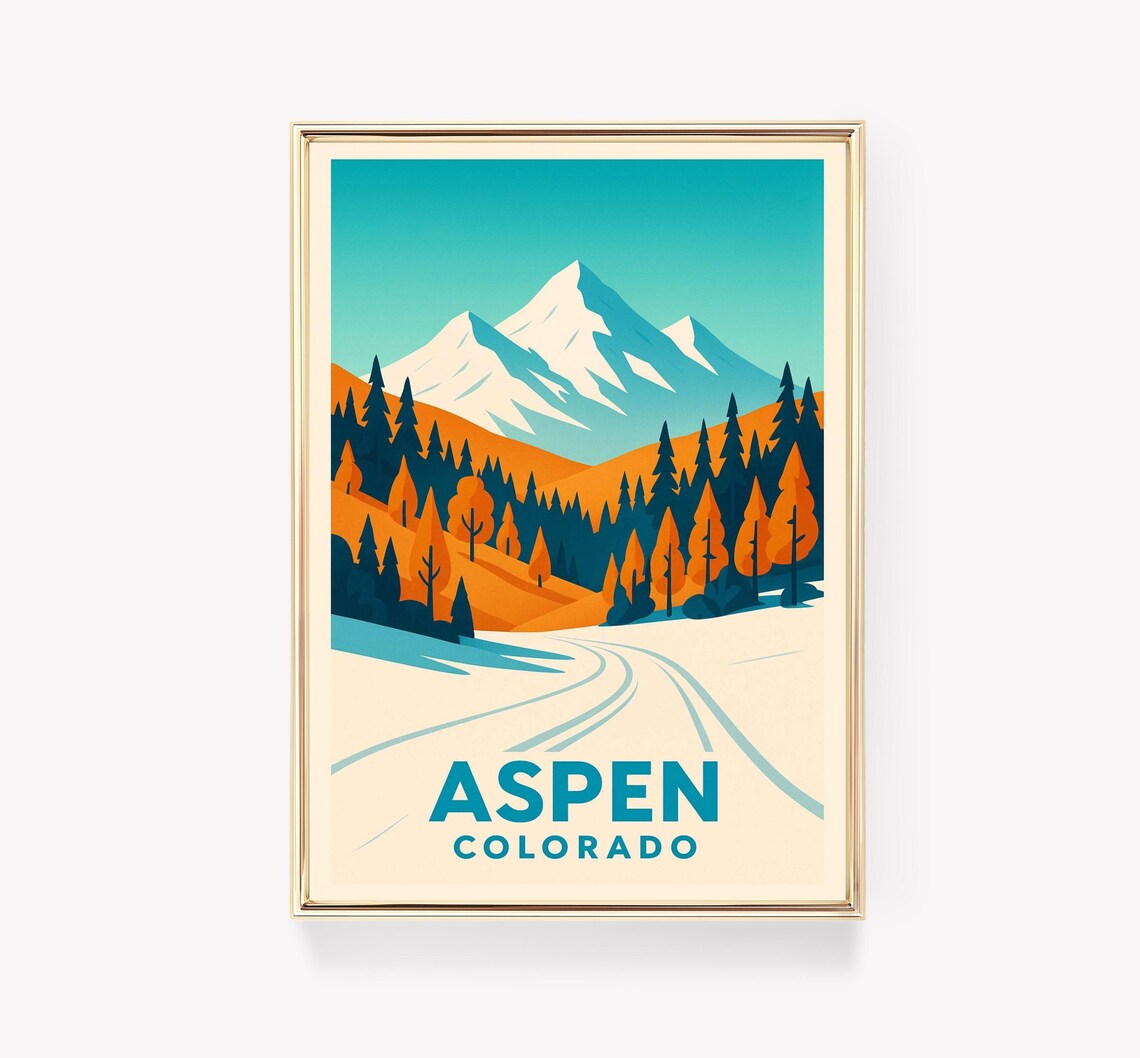 Aspen Colorado Mountain Ski Slopes Autumn Retro Travel Poster