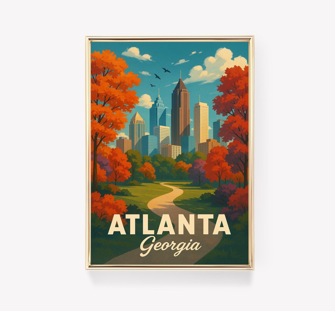 Atlanta Georgia Fall Foliage Skyline Autumn Park Retro Travel Poster