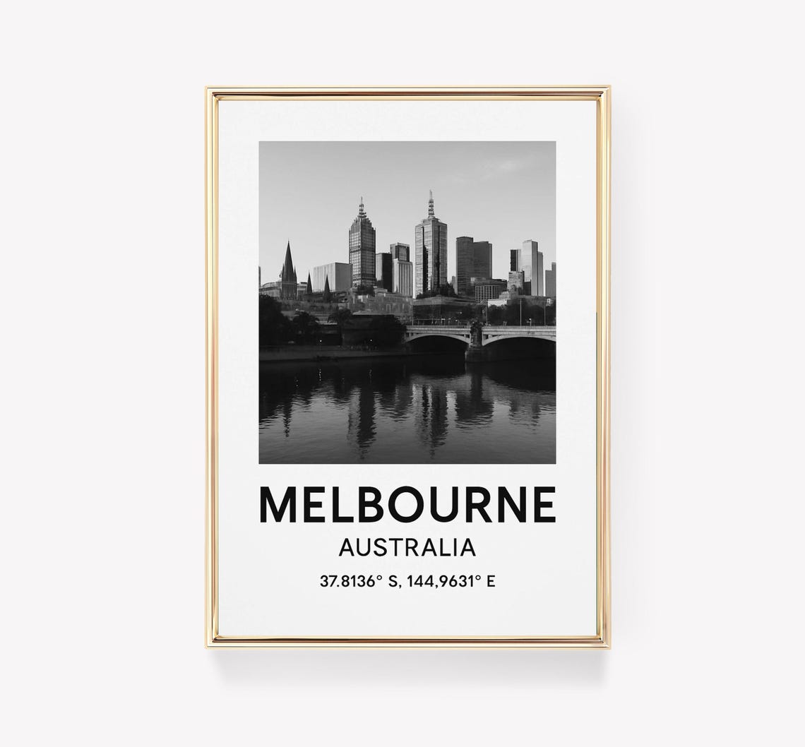 Melbourne Australia Skyline Black White Photography Travel Poster
