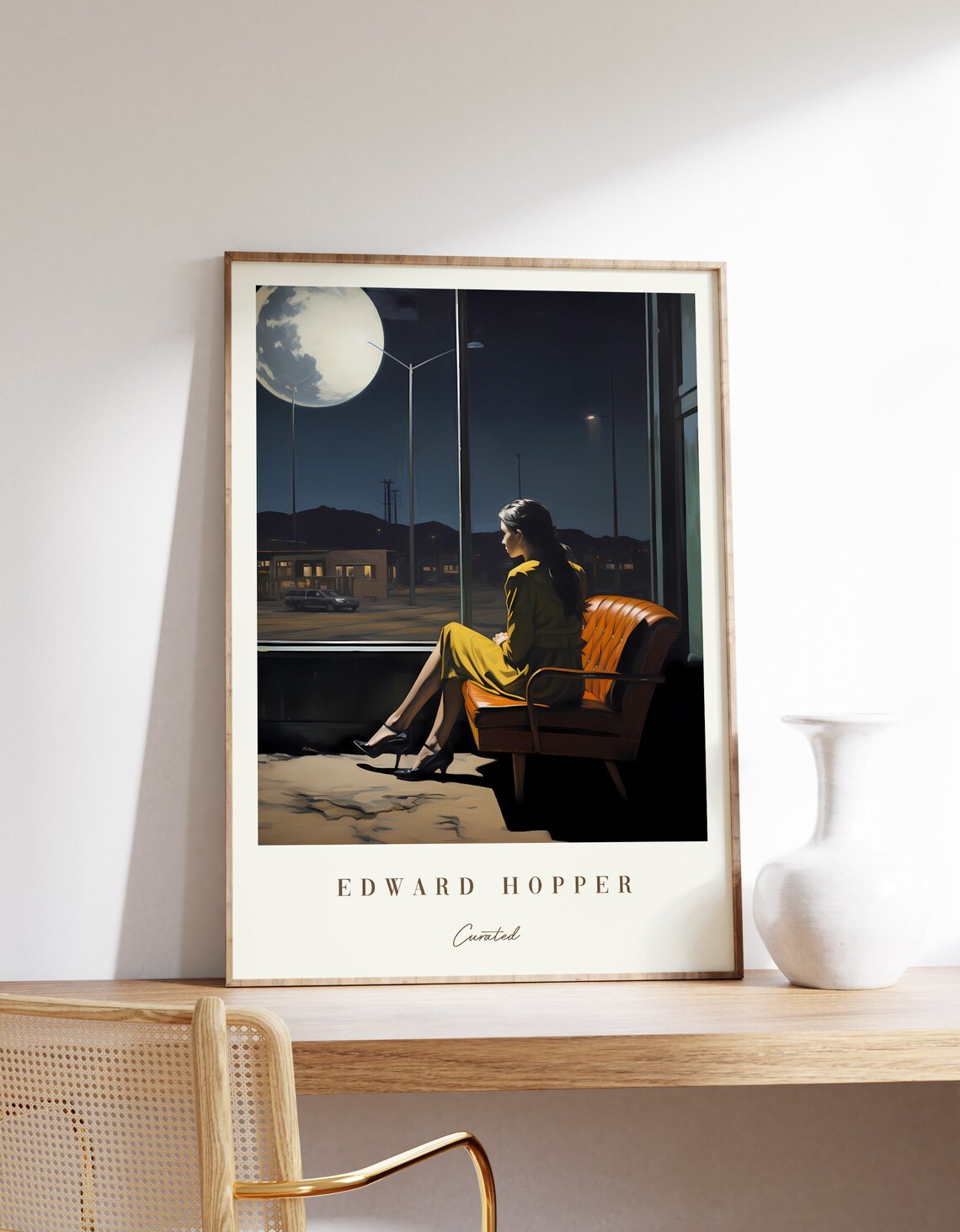 Edward Hopper Night Window Woman in Yellow Moonlit City Street Poster