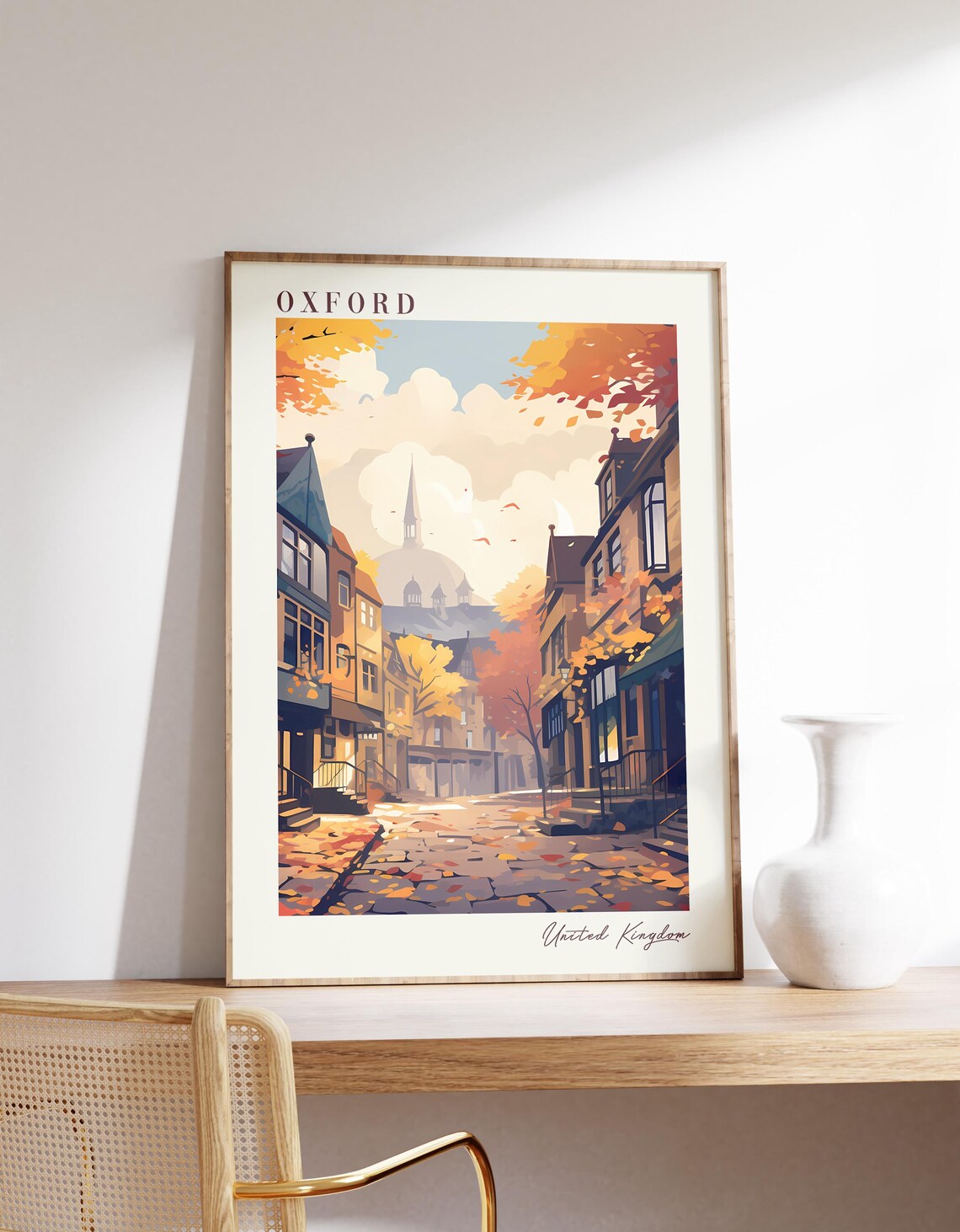 Oxford United Kingdom Autumn Cobblestone Street Fall Leaves Poster