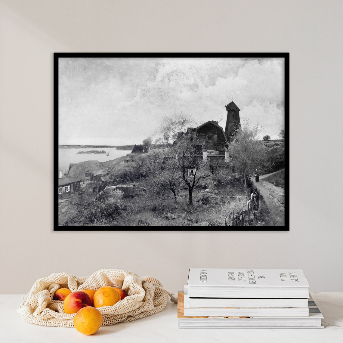 Coastal Windmill Village Black White Vintage October Scene Poster