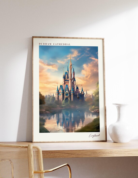 Fairytale Castle Sunset Reflection Vintage Travel Style Poster