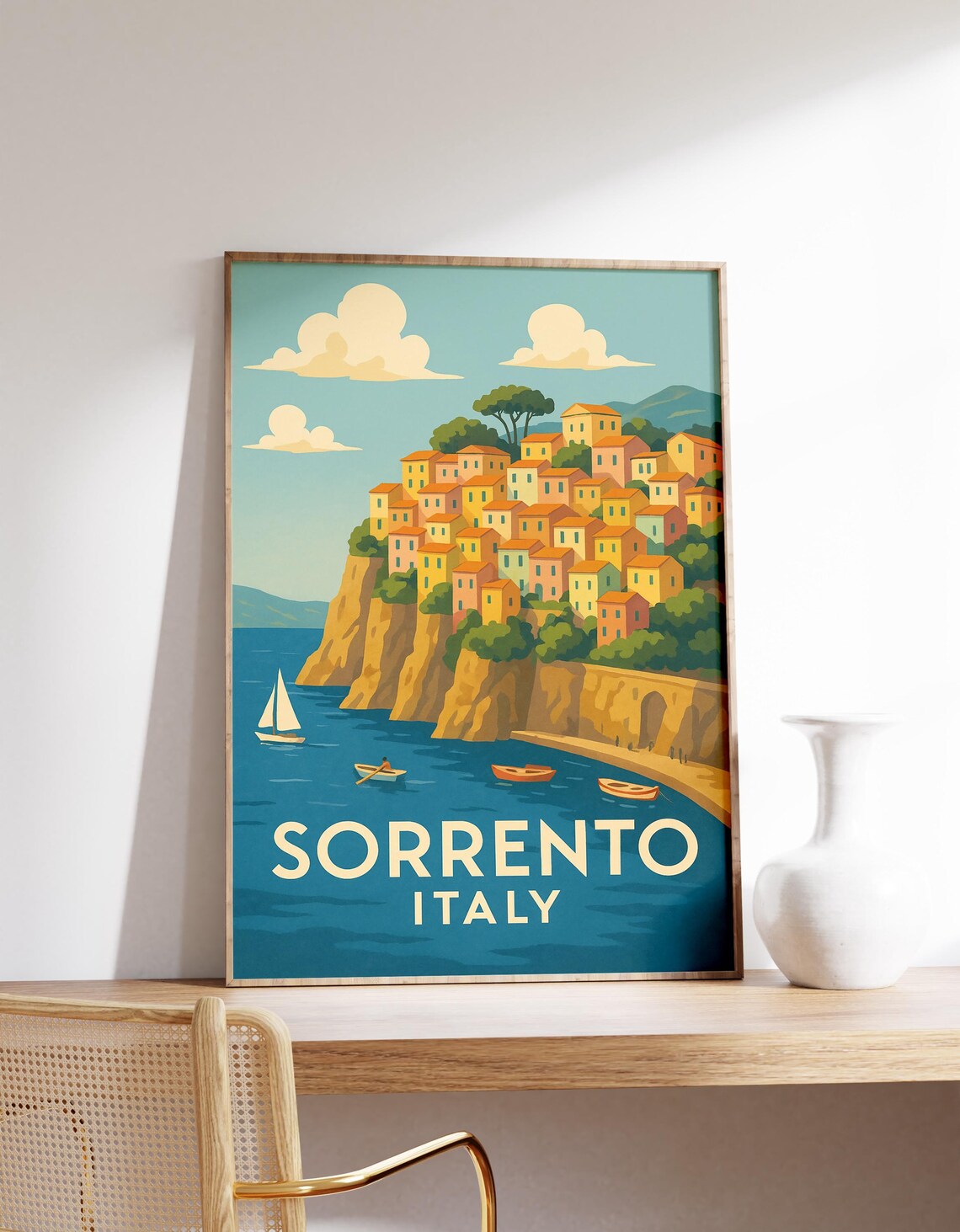 Sorrento Italy Coastal Cliffside Town Sailboats Retro Travel Poster