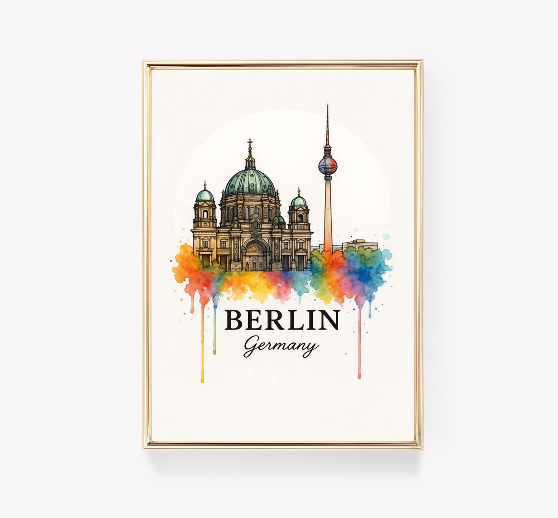 Berlin Germany Watercolor Cathedral And TV Tower Splash Art Poster