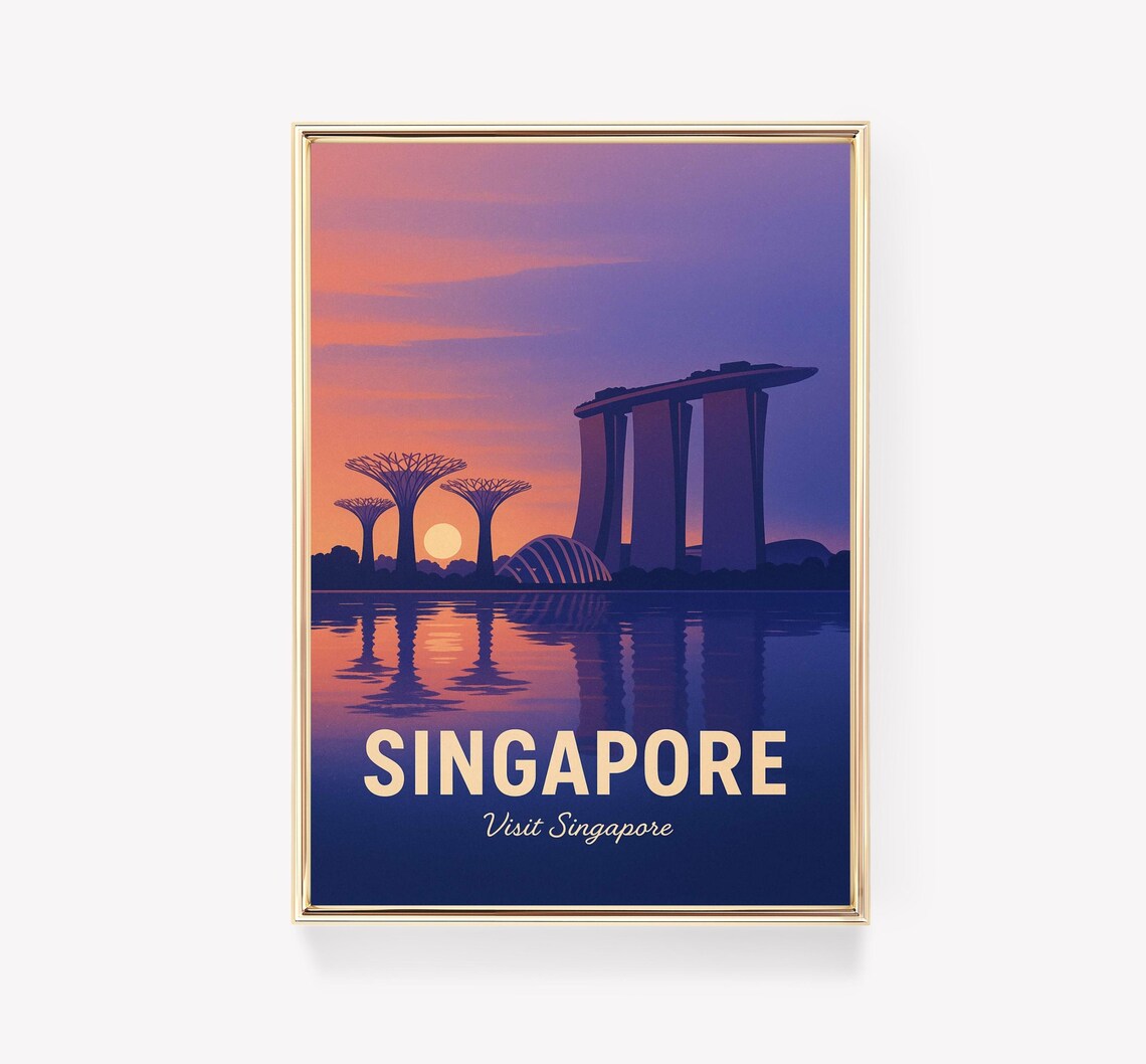 Singapore Sunset Visit Singapore Marina Bay Skyline Travel Poster