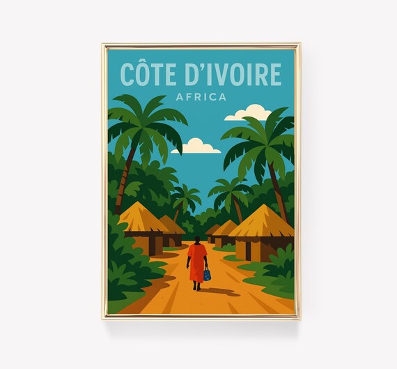 Ivory Coast Africa Colorful Palm Village Thatched Huts Travel Poster