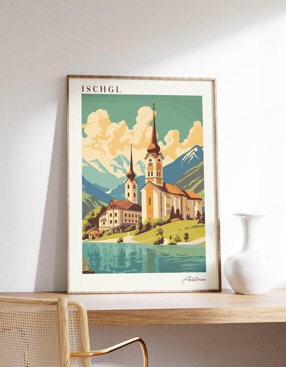 Ischgl Austria Alpine Church Lake Reflection Snow Peaks Travel Poster
