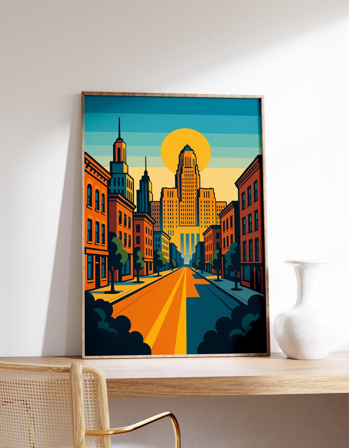 Buffalo New York Art Deco City Skyline Retro Urban Sunset Poster
