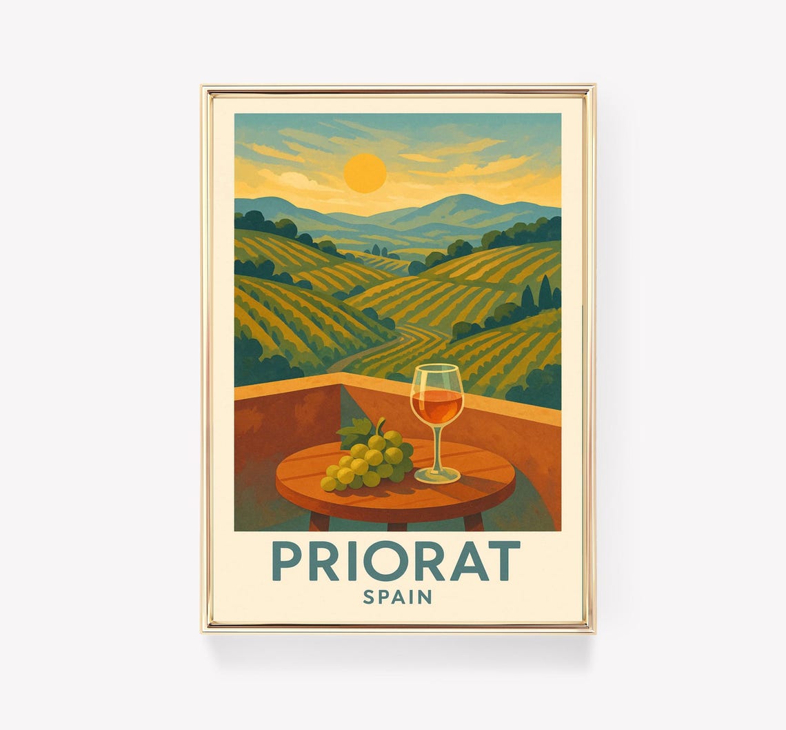 Priorat Spain Wine Poster Vineyard Terraces Glass Grapes Sunset Art