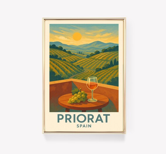 Priorat Spain Wine Poster Vineyard Terraces Glass Grapes Sunset Art