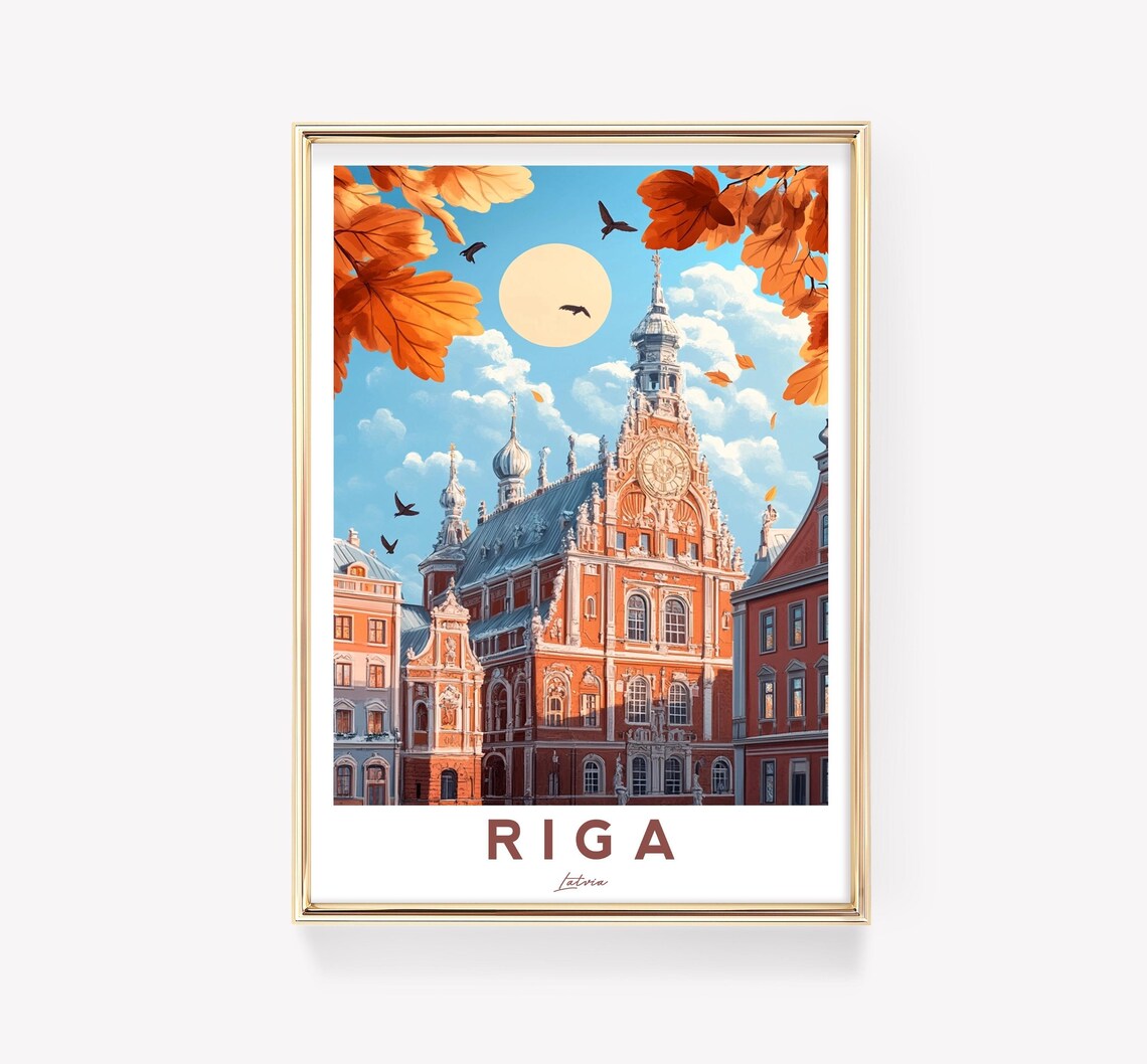 Riga Latvia Old Town Autumn Leaves Historic Building Travel Poster