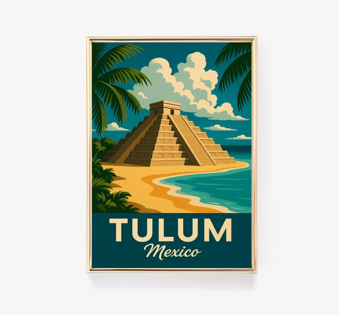 Tulum Mexico Vintage Travel Poster Pyramid Palms Beach Turquoise