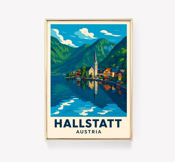 Hallstatt Austria Vintage Travel Poster Lakeside Village Mountains