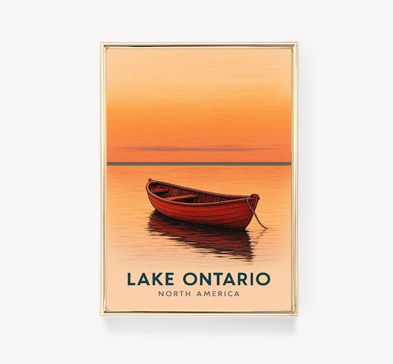 Lake Ontario Red Rowboat Golden Sunset Calm Water Vintage Travel Poster