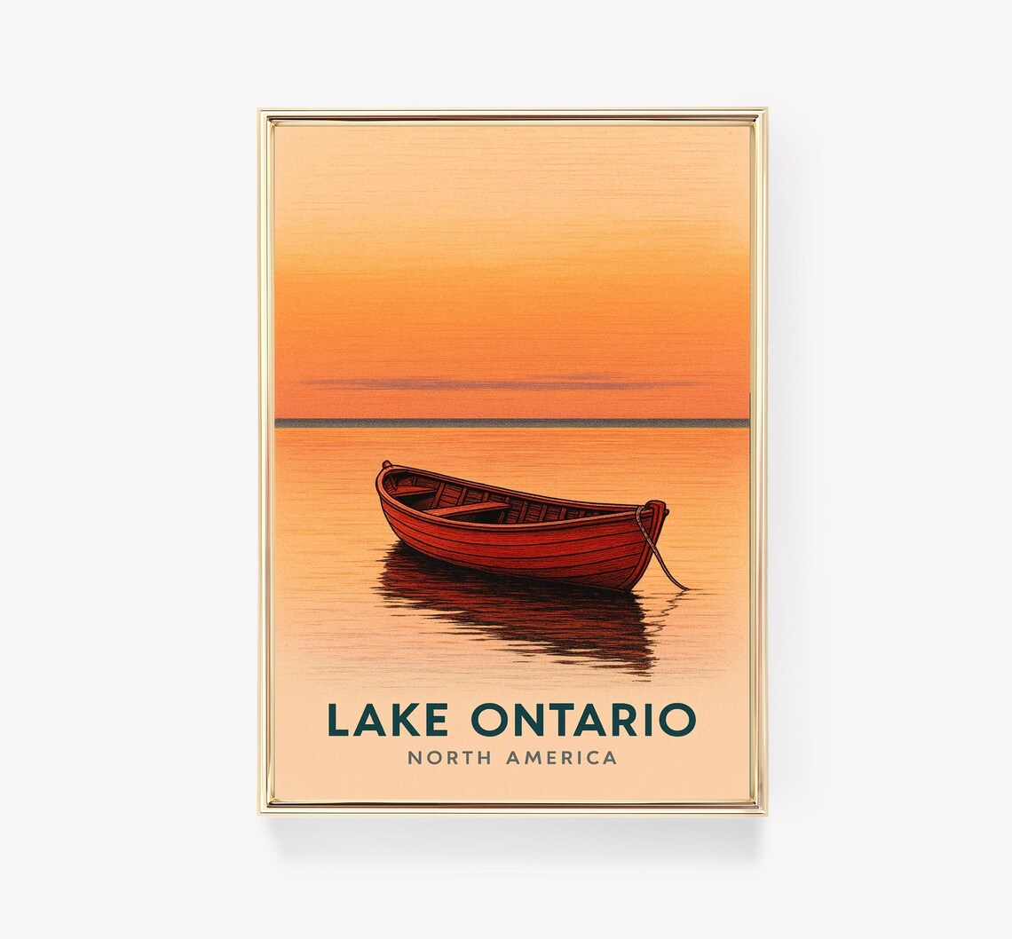 Lake Ontario Red Rowboat Golden Sunset Calm Water Vintage Travel Poster