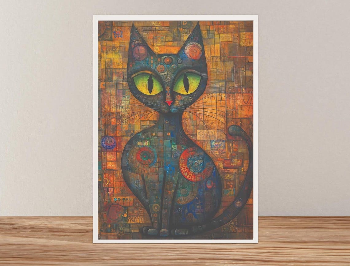 Black Mosaic Cat with Big Green Eyes Whimsical Pop Art Poster