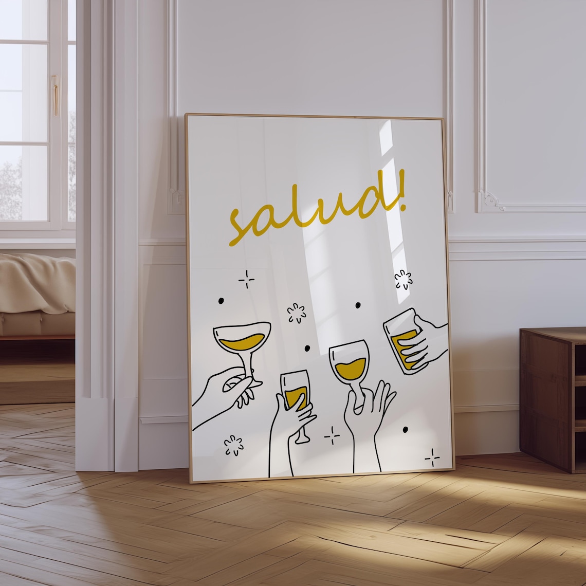 Salud Spanish Toast Cheers Hands Cocktail Glasses Minimalist Bar Cart Poster