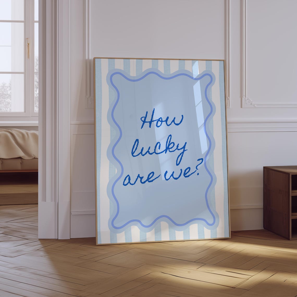 How Lucky Are We Blue Wavy Striped Panel Coastal Quote Poster - Image 3
