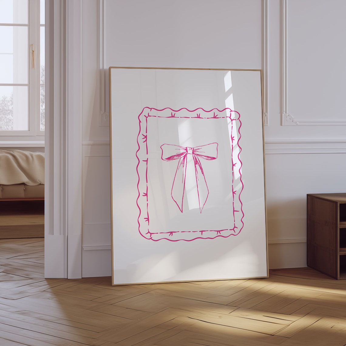 Pink Line Art Bow Stitched Frame Minimalist Trendy Coquette Art Poster