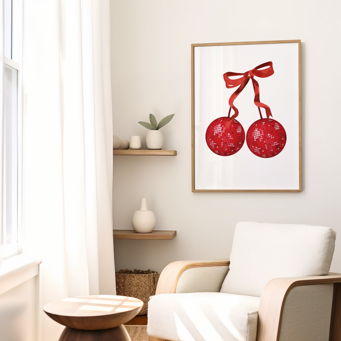 Red Disco Ball Cherries With Ribbon Bow Retro Maximalist Wall Art - Image 2