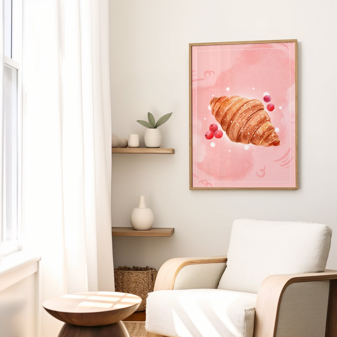 Pink Croissant Watercolor Raspberries Coquette Kitchen Poster - Image 2