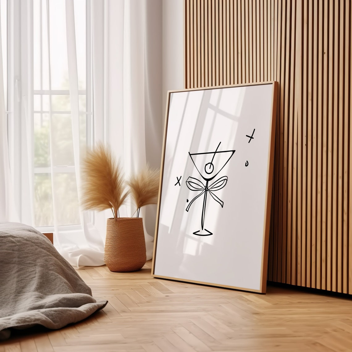 Minimalist Martini Glass Bow Line Drawing Black White Poster - Image 3
