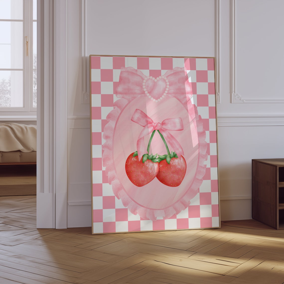 Strawberry Bow Pink Checkered Kitchen Coquette Fruit Watercolor Poster