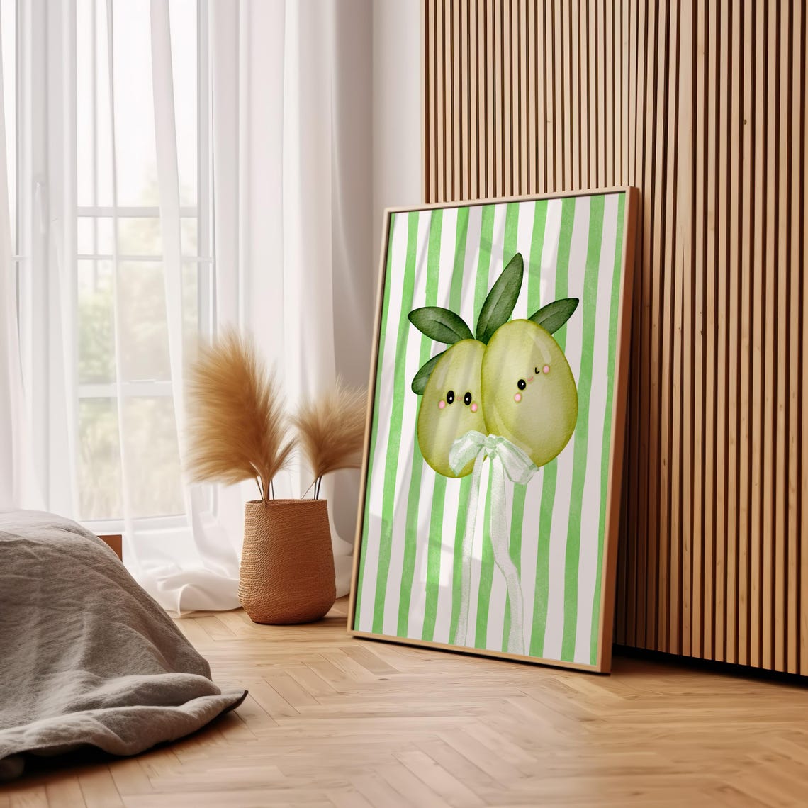 Olive You Cute Kawaii Smiling Olive Couple Green Stripe Wall Art - Image 2