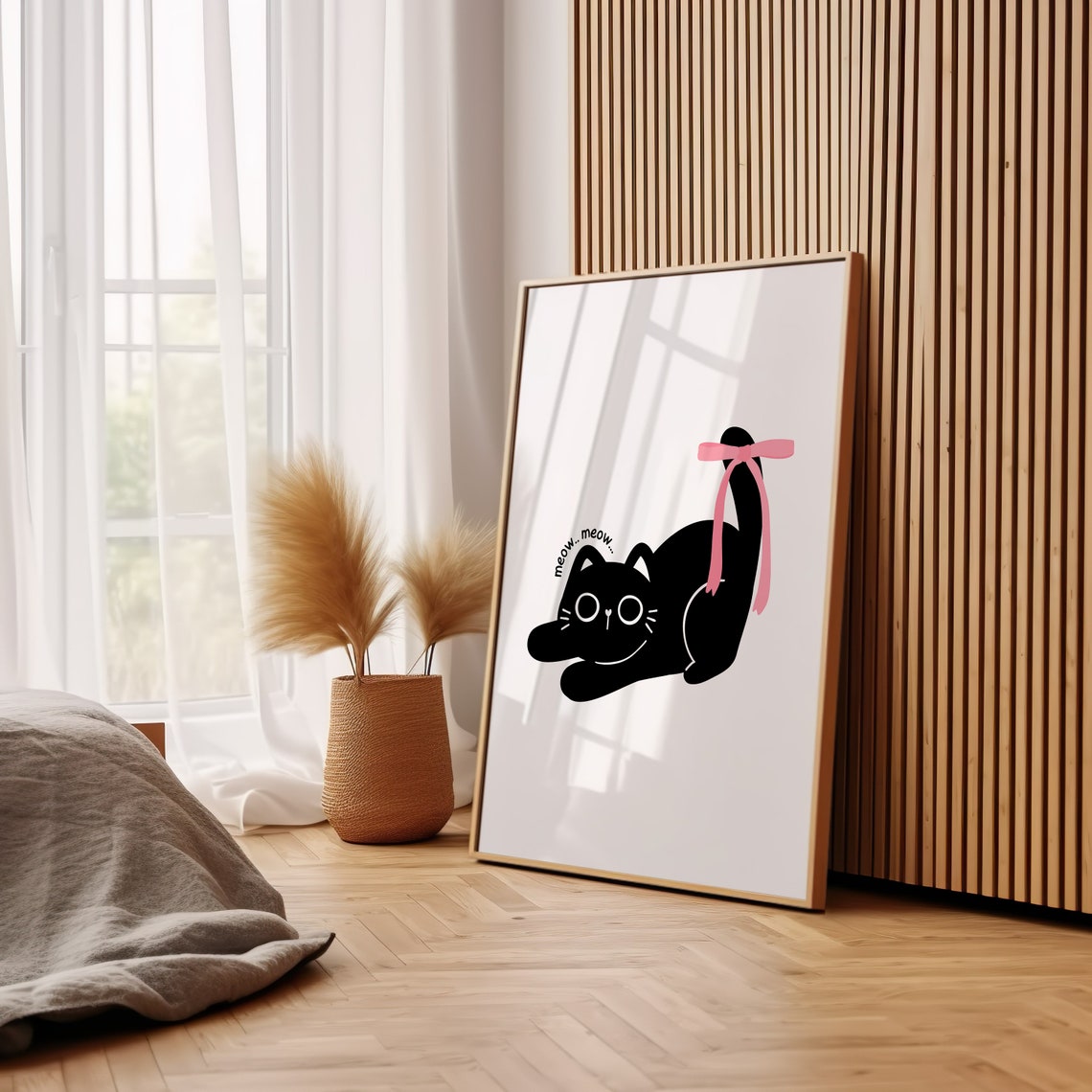 Black Cat Playing With Pink Bow Tail Coquette Cute Girly Art Poster - Image 3