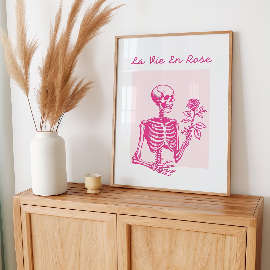 La Vie En Rose Hot Pink Skeleton Holding Rose Gothic Coquette Poster - Image 4