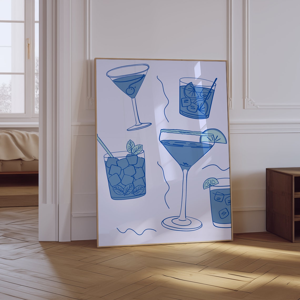 Blue Cocktail Glasses Line Art Martini Mojito Coastal Bar Decor Poster