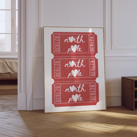 North Pole Ticket Print Trendy Christmas Print Funny Retro Festive Poster Holiday Decor Red Christmas Wall Decor