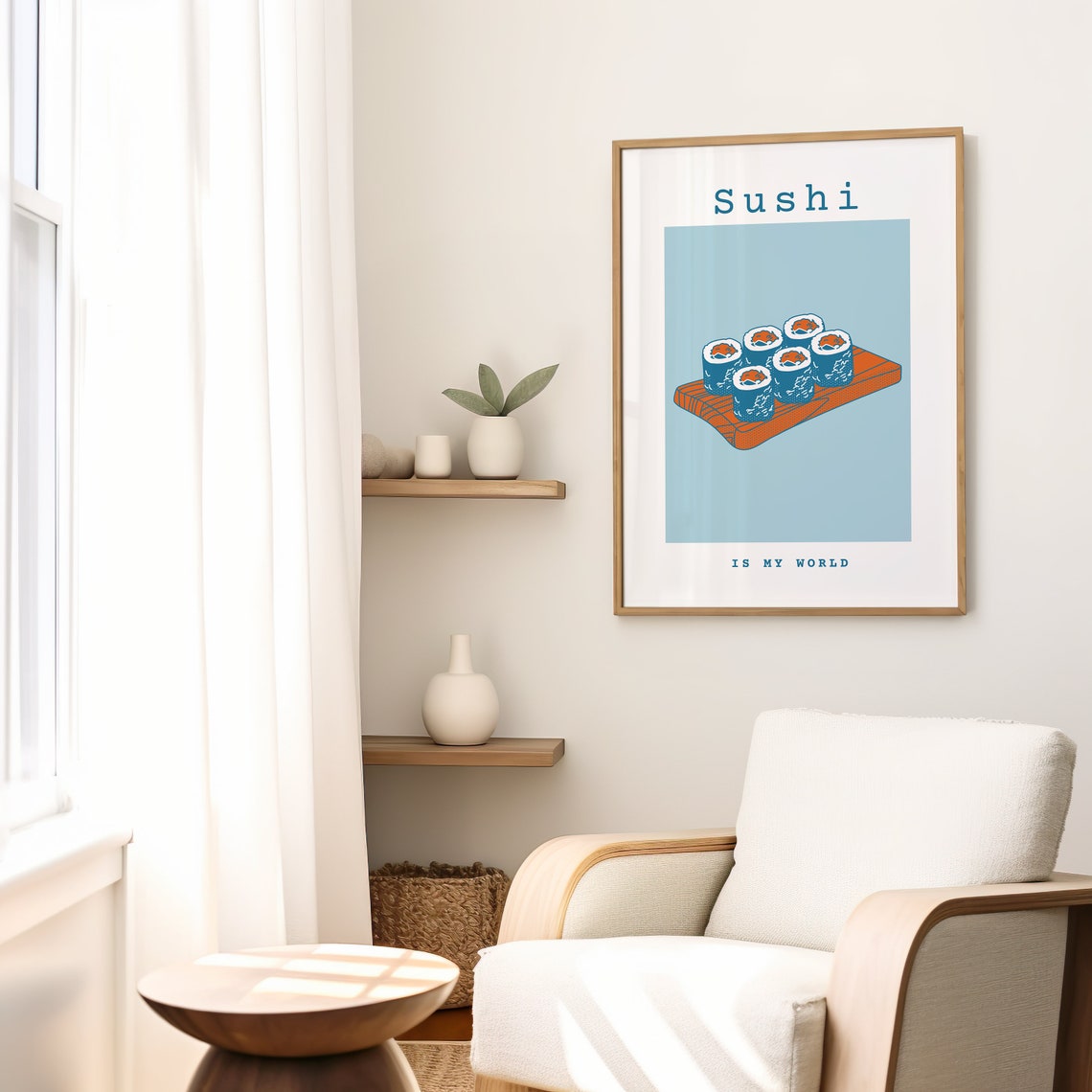 Sushi Is My World Blue Retro Maki Roll Illustrated Food Art Poster - Image 2
