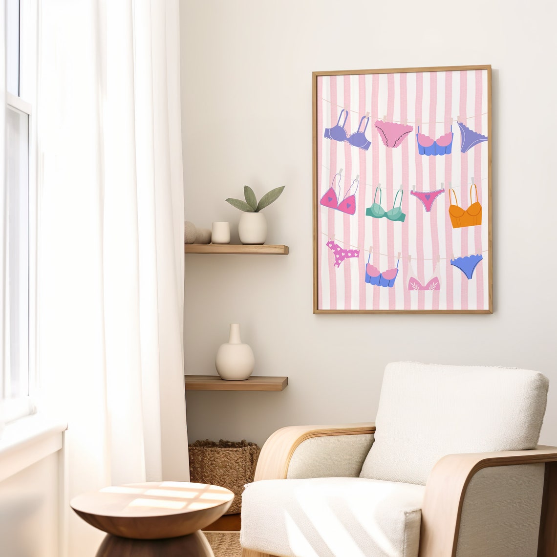Colorful Bikinis On A Clothesline Pink Striped Laundry Art Poster - Image 2